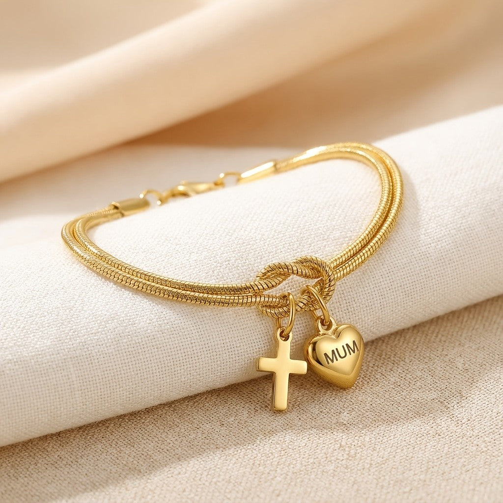 18k Heart Cross Charm Bracelet