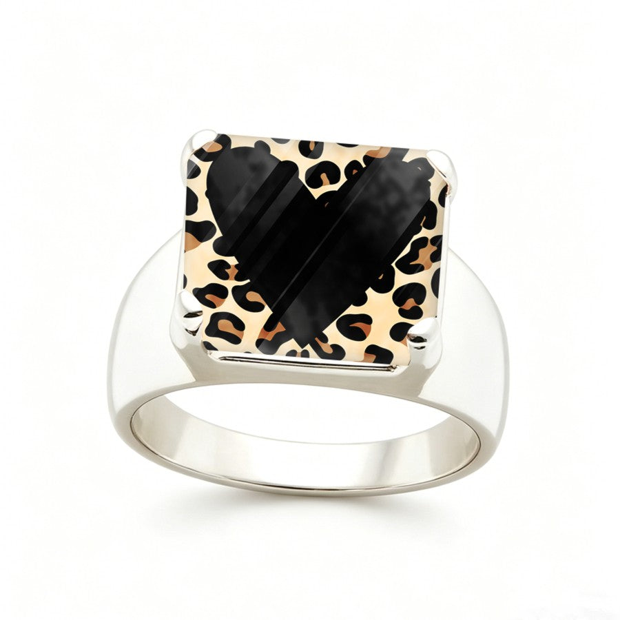 Elegant Square Leopard Print Heart Ring