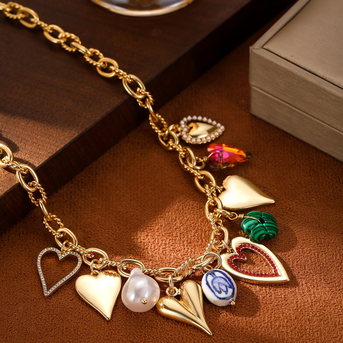 Vintage Multi-Color Heart Charm Necklace