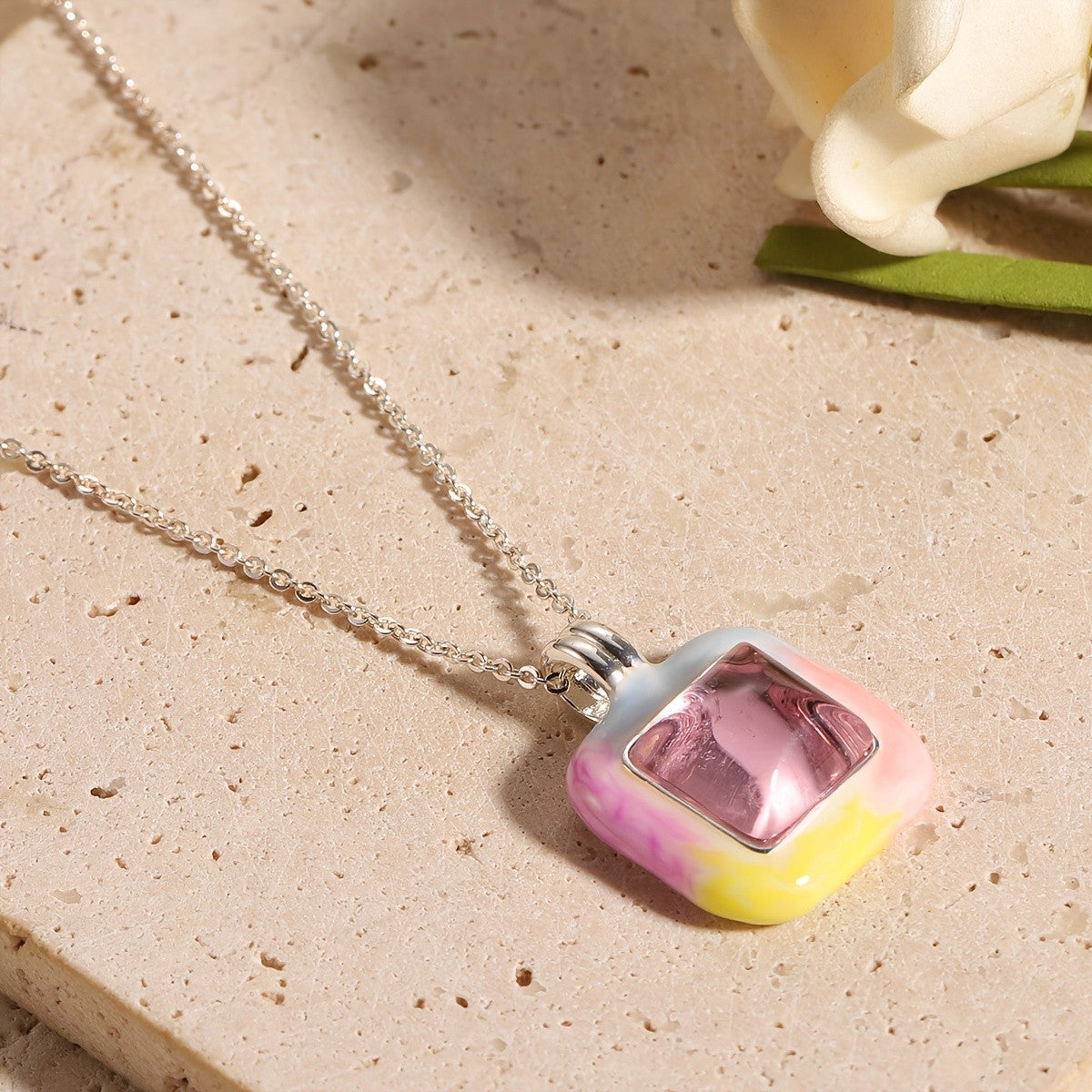 Vintage Square Glass Inlay Necklace