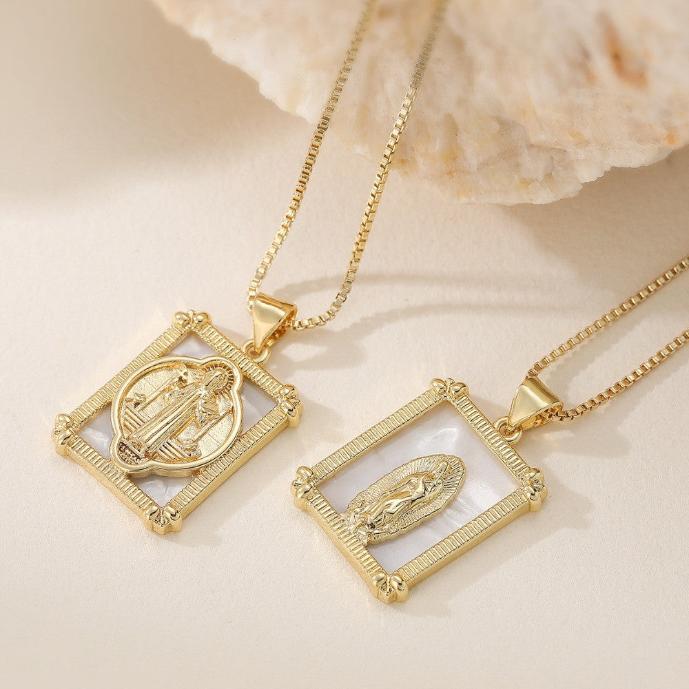 Square Virgin Mary Shell Pendant Necklace