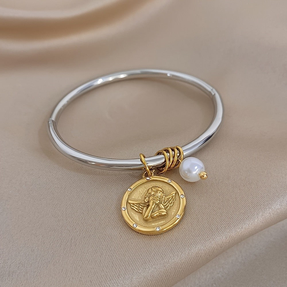 18k Angel Charm Pearl Bangle