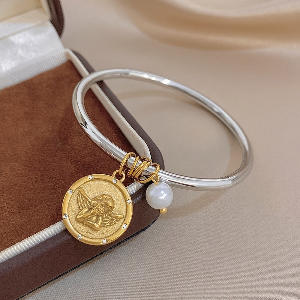 18k Angel Charm Pearl Bangle