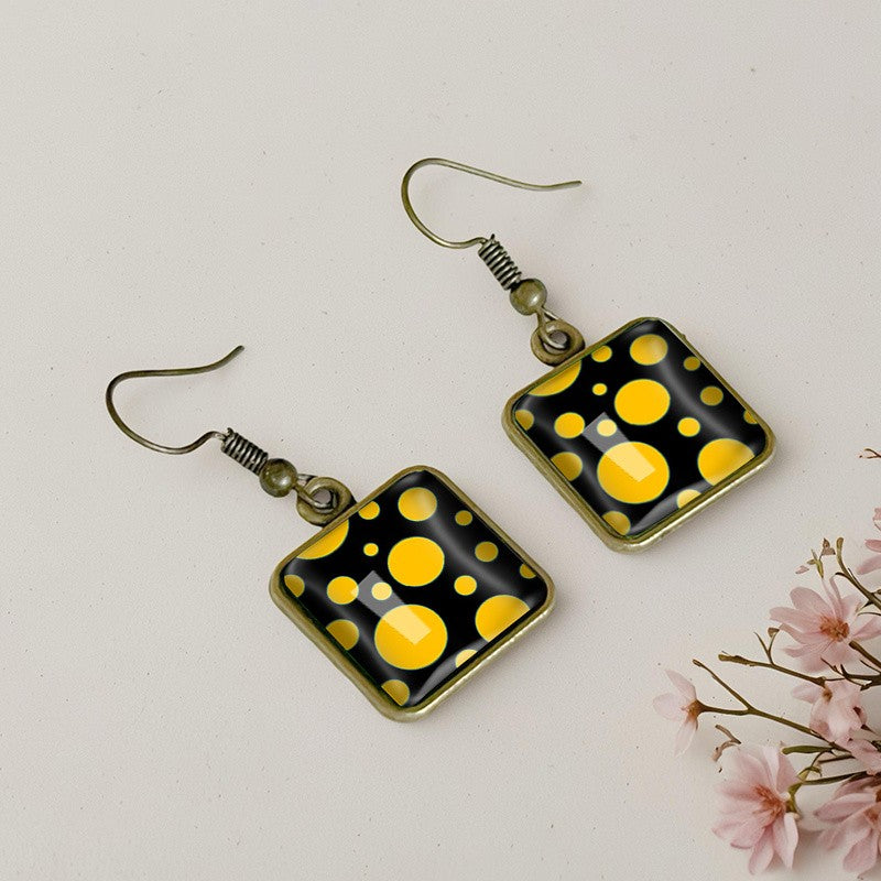 Square Yellow Polka Dot Glass Earrings