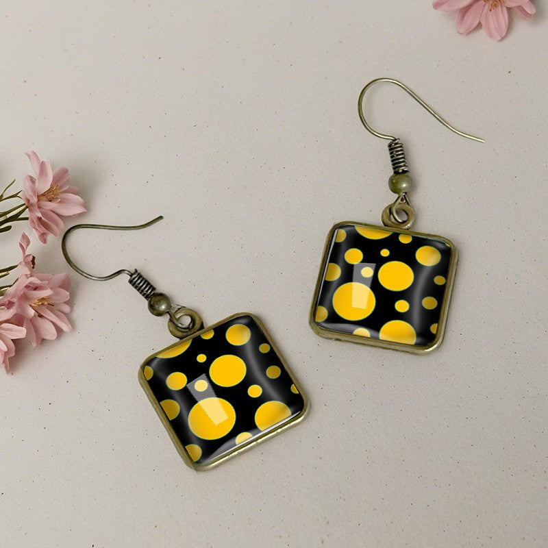 Square Yellow Polka Dot Glass Earrings