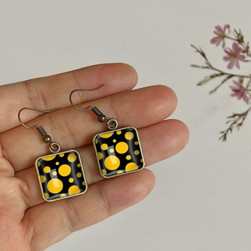 Square Yellow Polka Dot Glass Earrings
