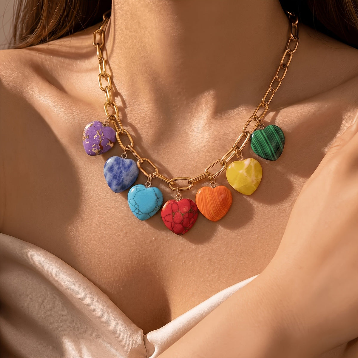 18K Multi-Color Heart Charm Necklace