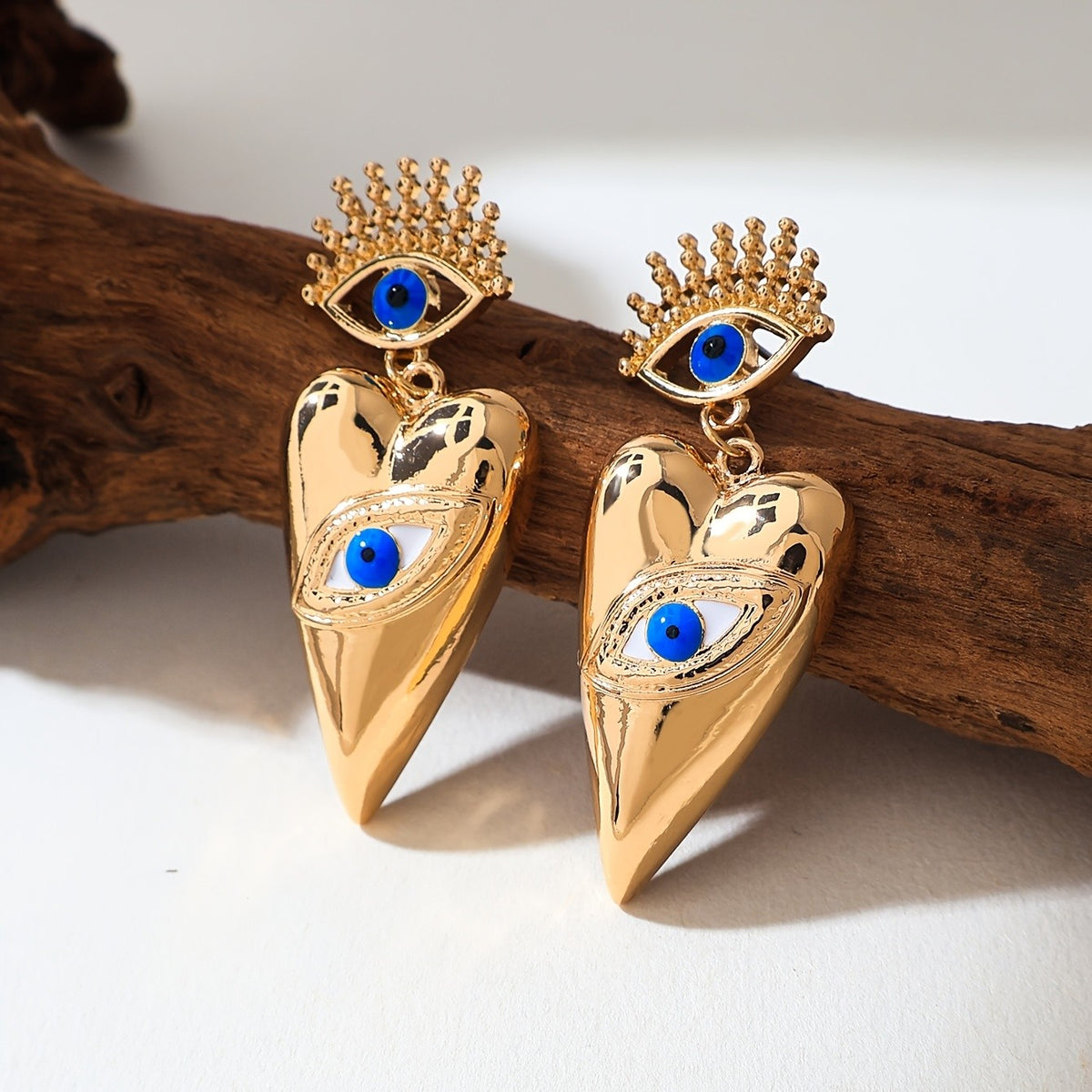 Vintage Gold Heart Evil Eye Earrings
