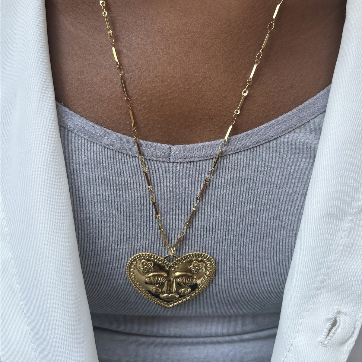 Boho Face Heart & Sun Pendant Necklace