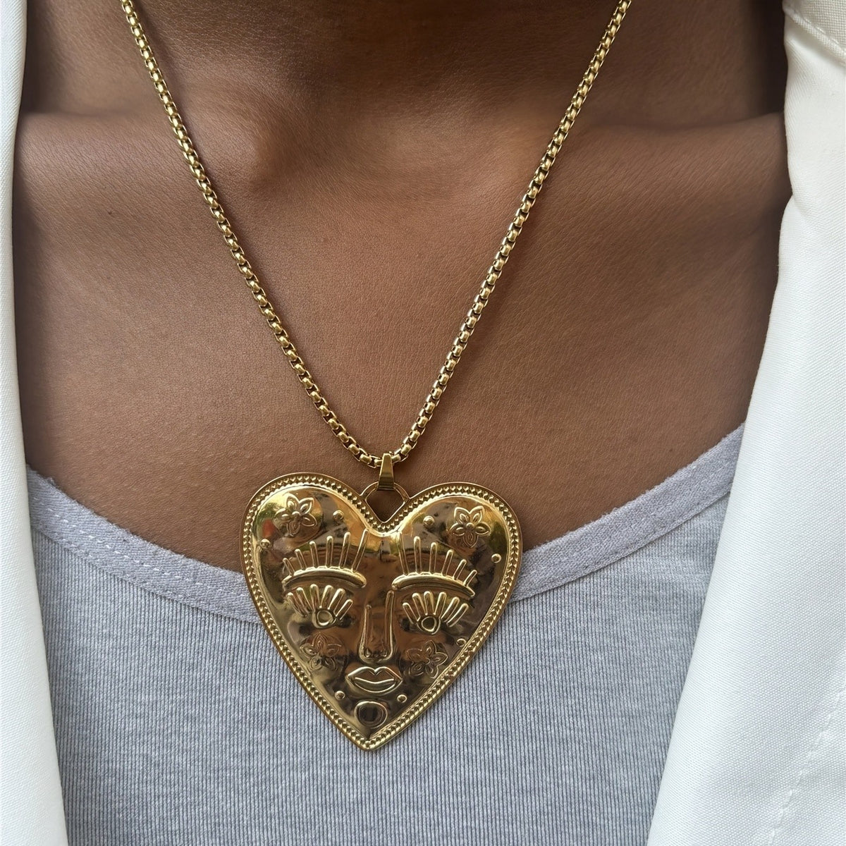Boho Face Heart & Sun Pendant Necklace