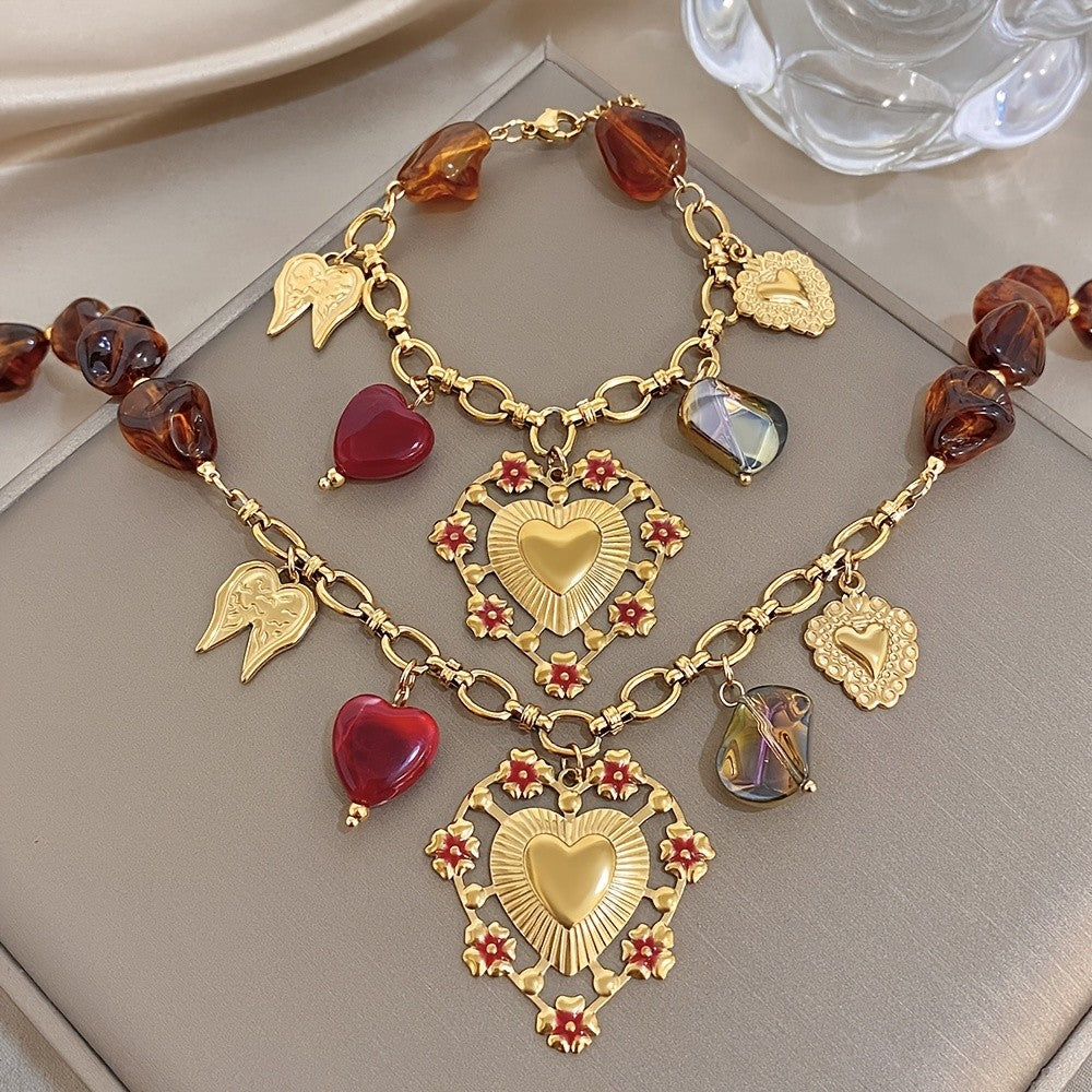 Vintage Heart Charm Necklace Set