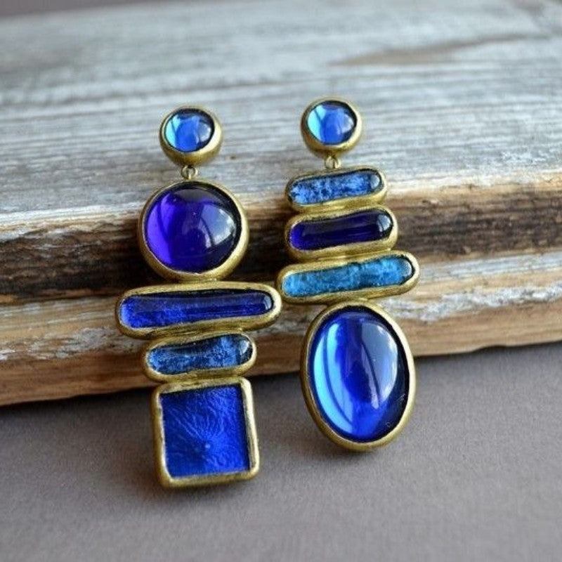 Asymmetric Blue Stone Geometric Earrings