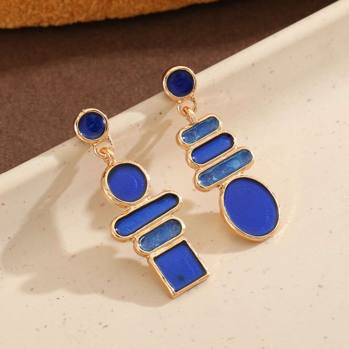 Asymmetric Blue Stone Geometric Earrings