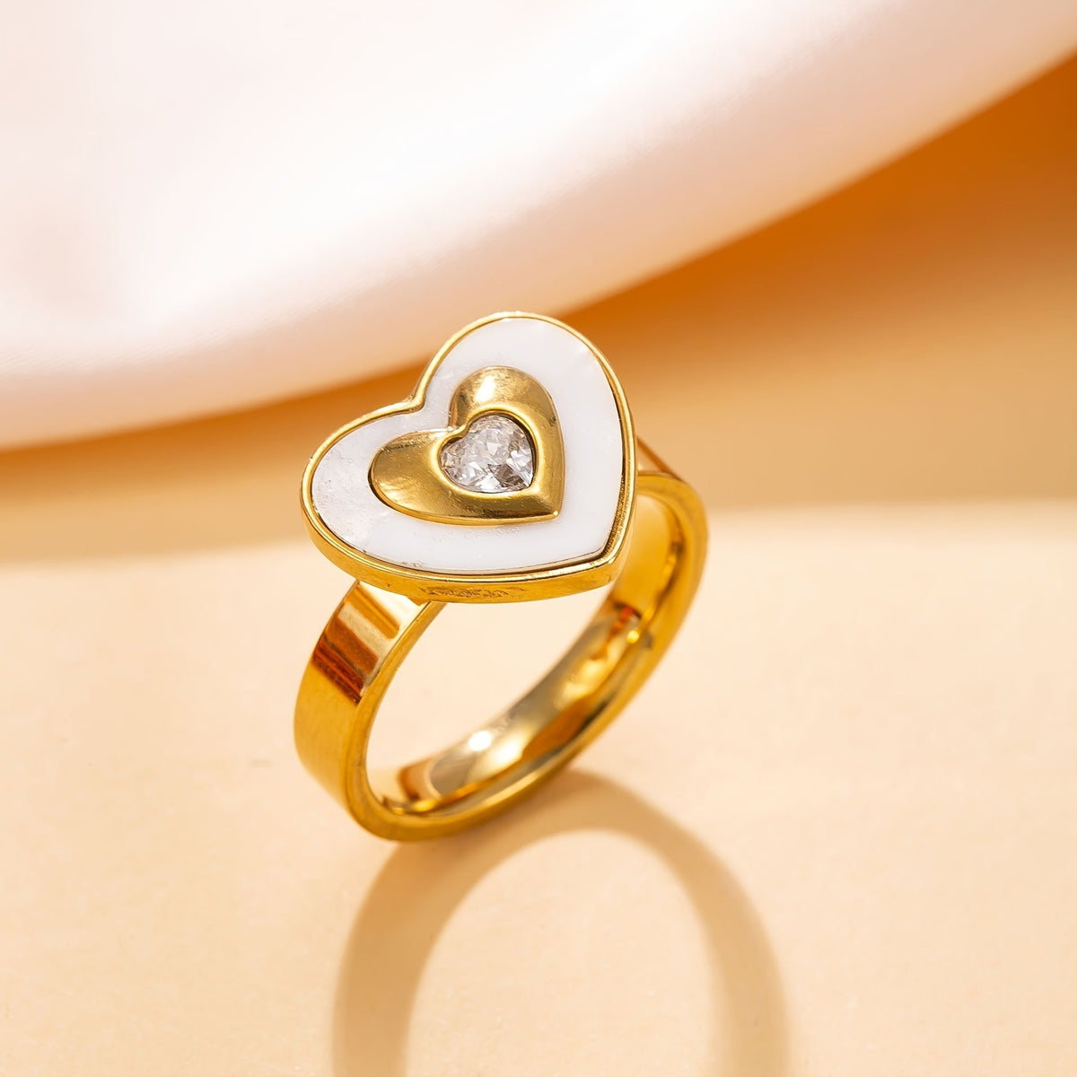 18k White Enamel Double Heart Ring
