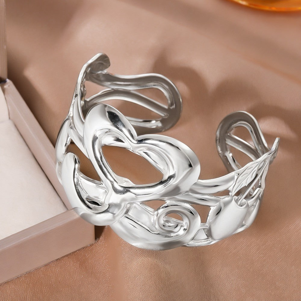 Hollow Heart & Cherry Cuff Bracelet