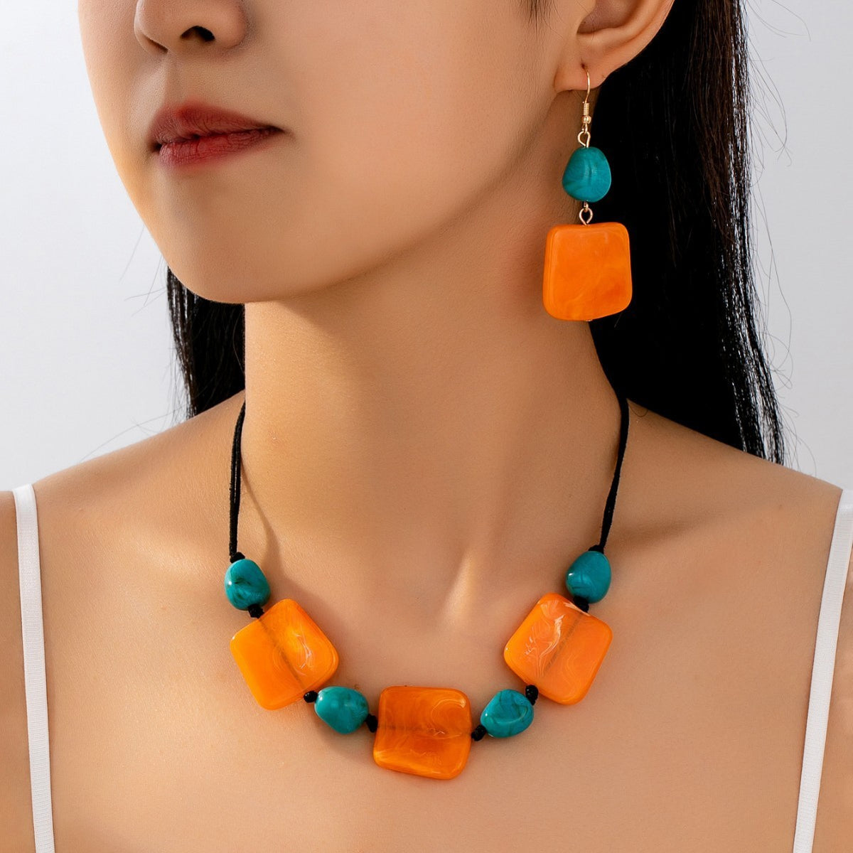 Vintage Geometric Block Stone Earring & Necklace Set