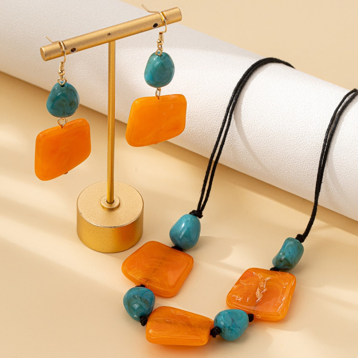 Vintage Geometric Block Stone Earring & Necklace Set