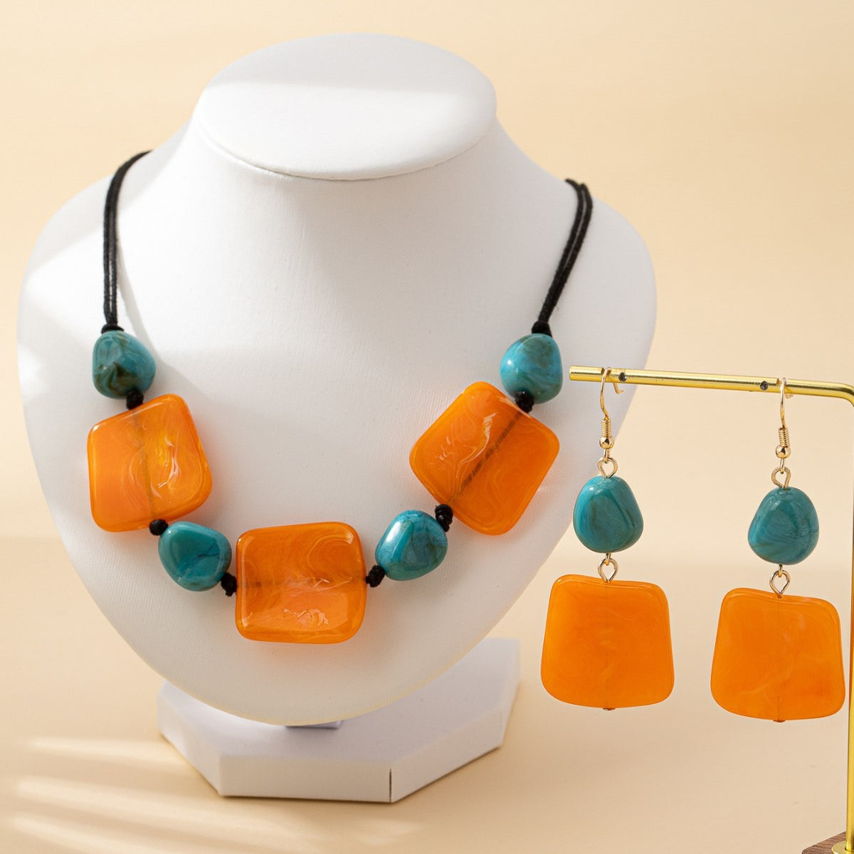 Vintage Geometric Block Stone Earring & Necklace Set