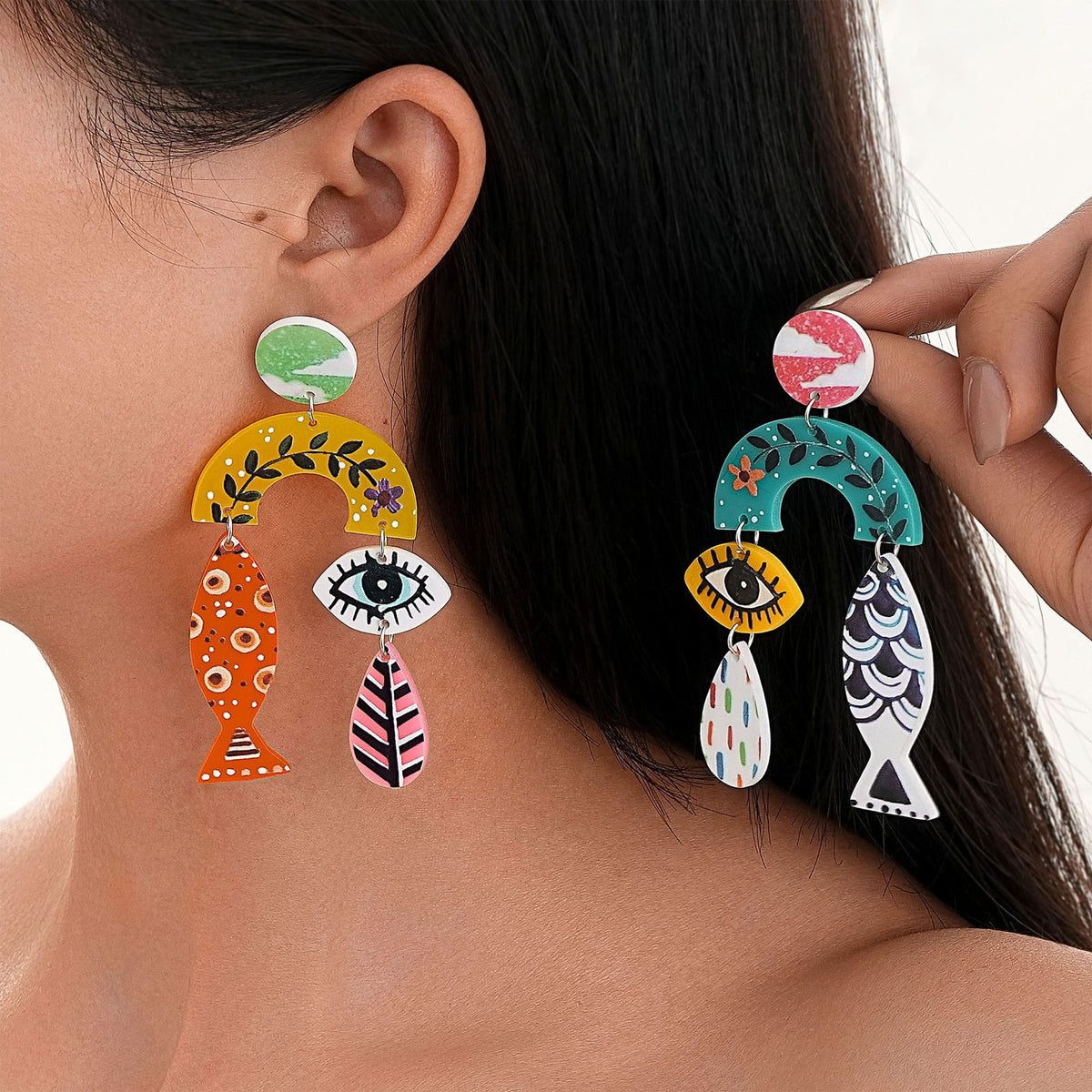 Asymmetric Boho Fish Evil Eye Earrings
