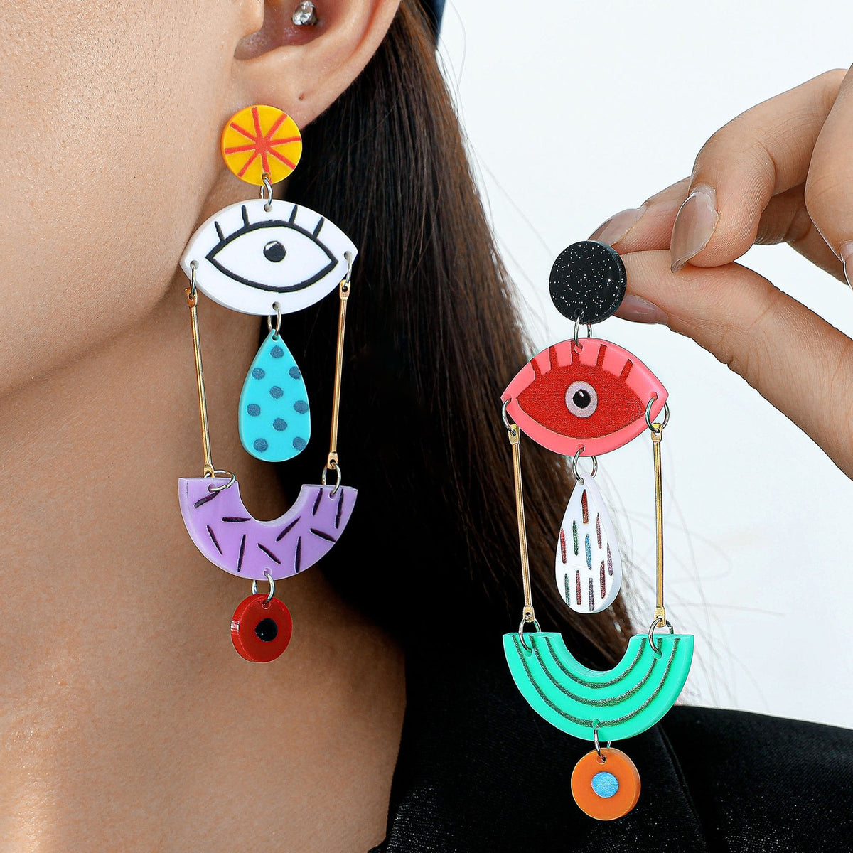 Asymmetric Boho Fish Evil Eye Earrings