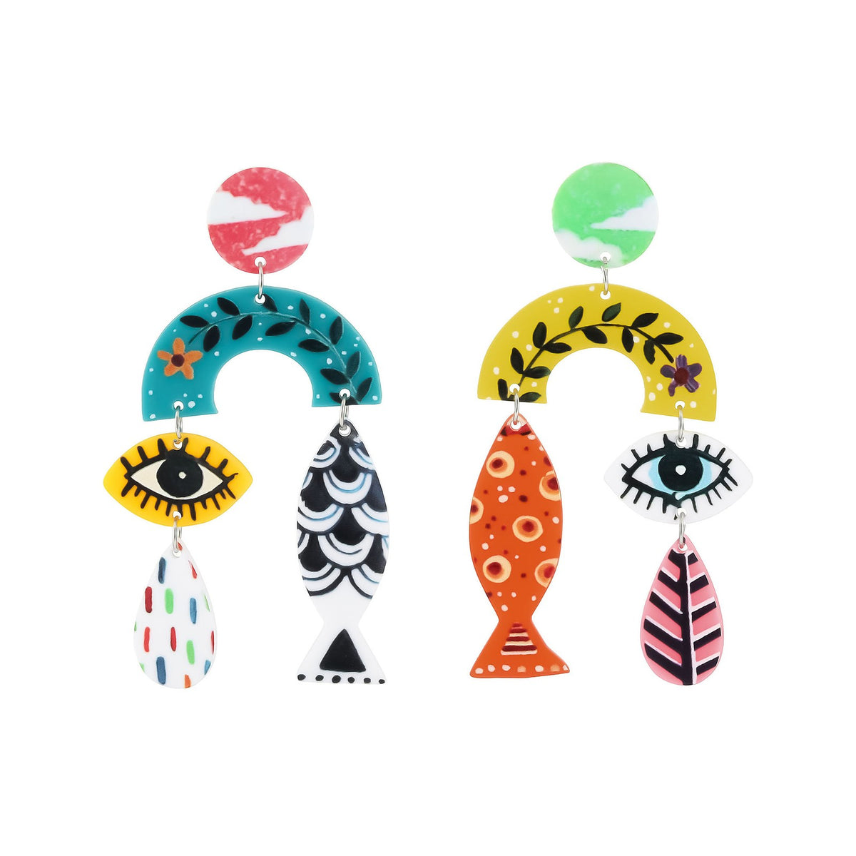 Asymmetric Boho Fish Evil Eye Earrings