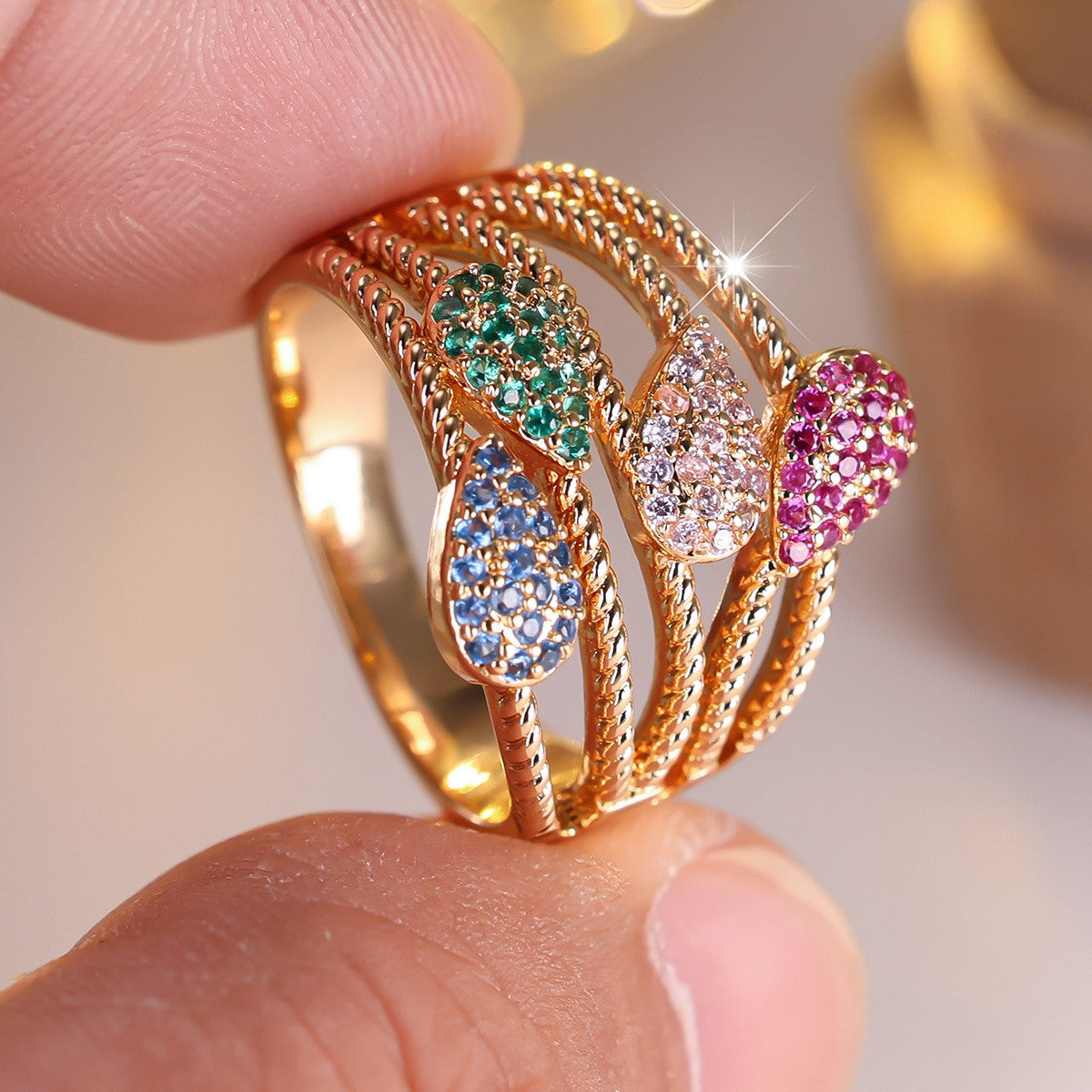 Multi-Strand Twisted Rope Teardrop Stone Ring