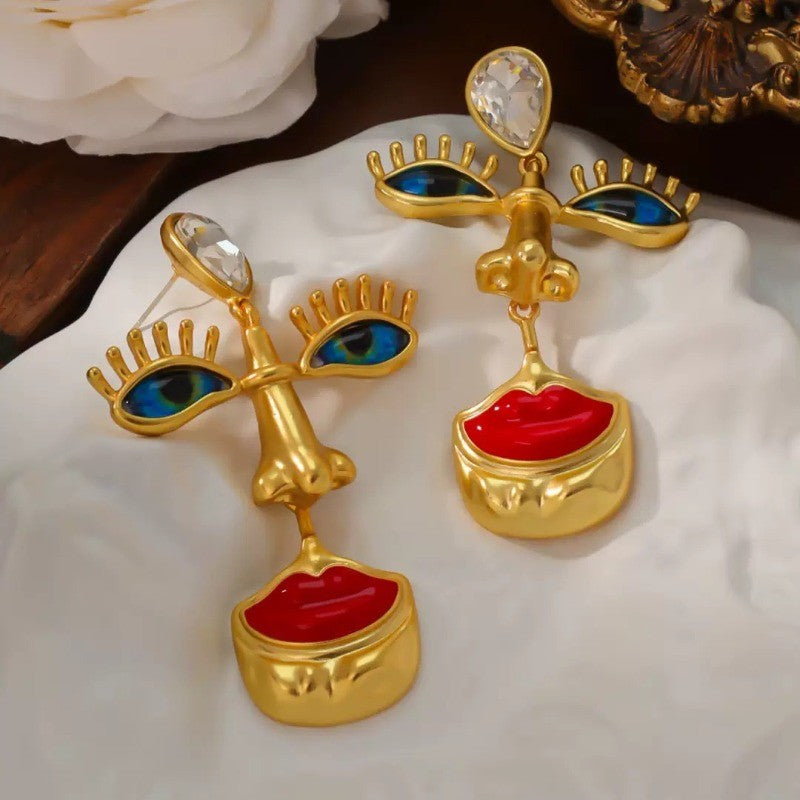 18k Abstract Face Drop Earrings