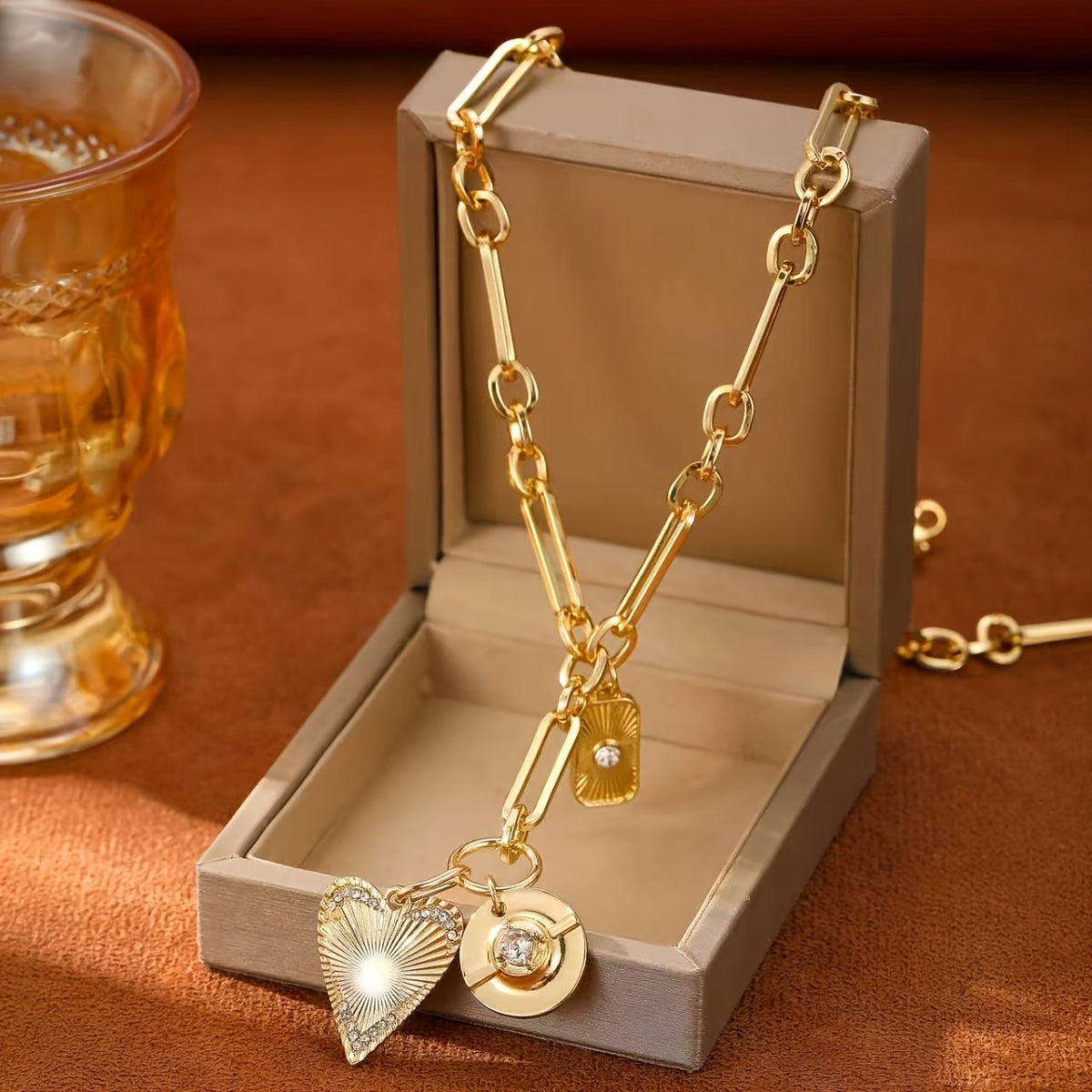 Gold Heart Sunburst Pendant Necklace