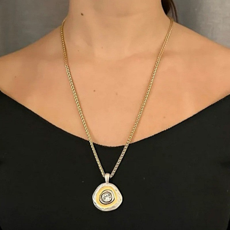 Two-Tone Hammered Heart & Round Pendant Necklace Set