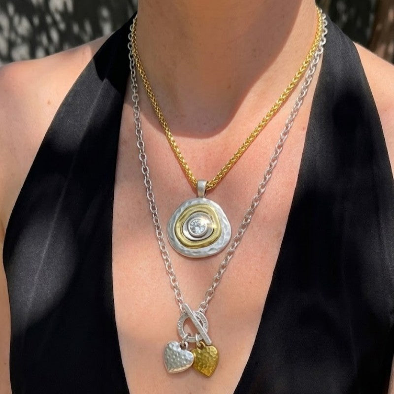 Two-Tone Hammered Heart & Round Pendant Necklace Set