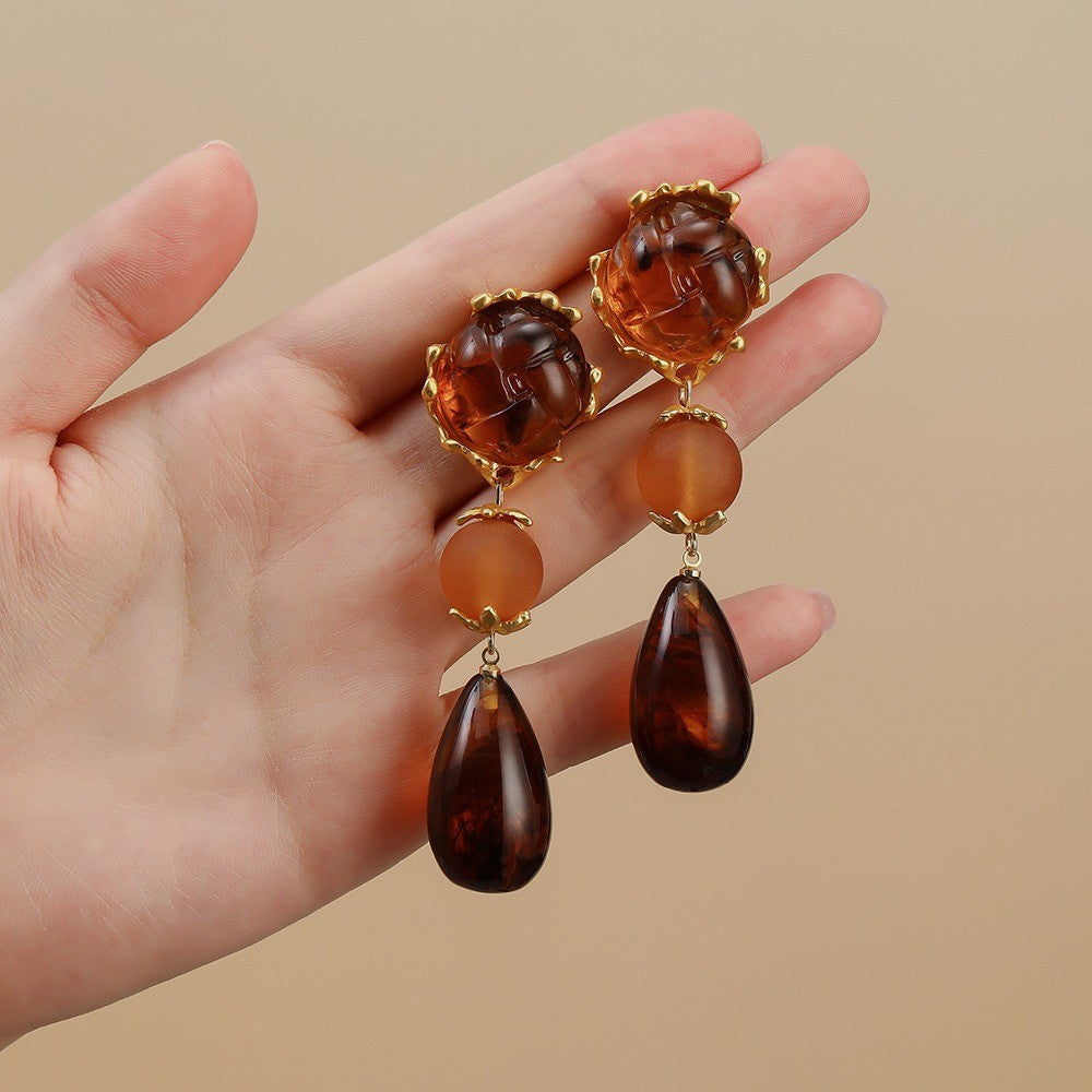 Vintage Amber Tone Carved Drop Earrings