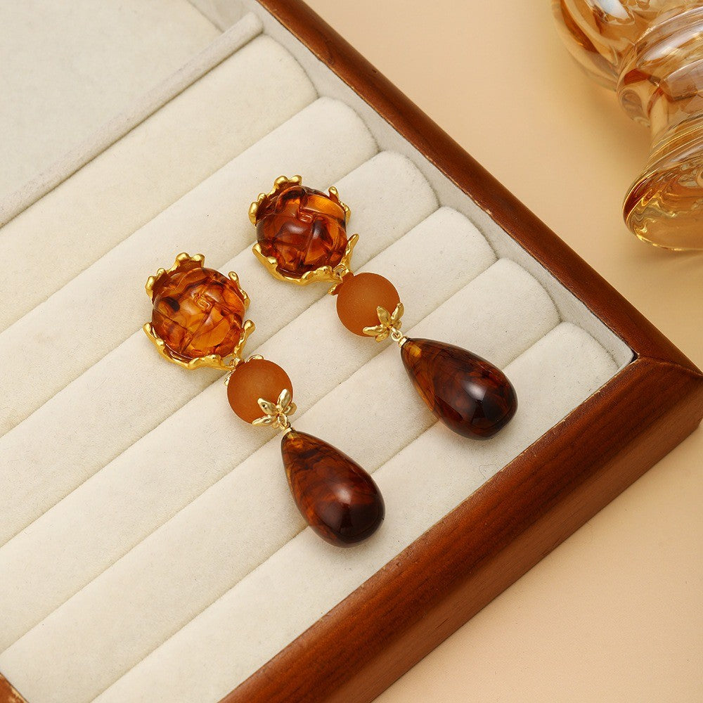 Vintage Amber Tone Carved Drop Earrings