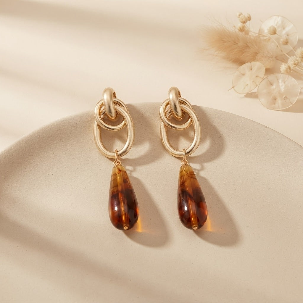 Vintage Tortoiseshell Drop Hoop Earrings