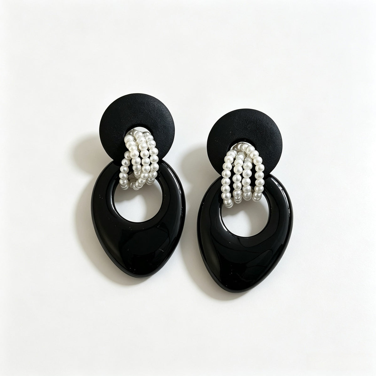 Geometric Black Resin Pearl Drop Earrings