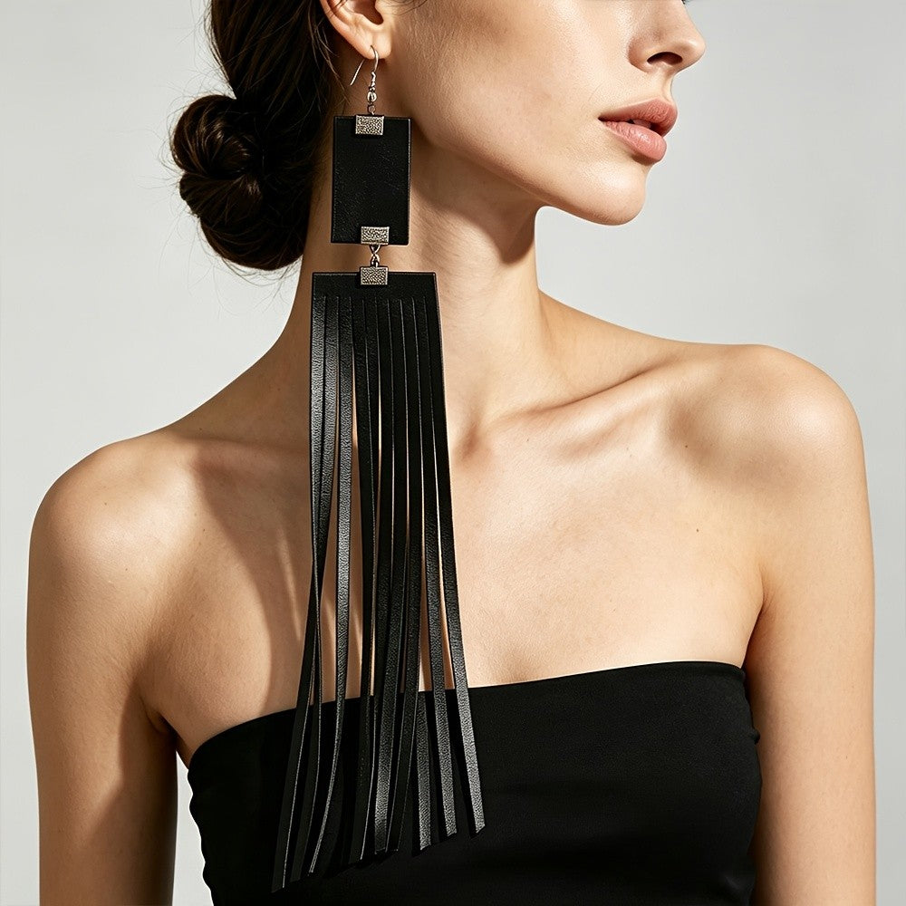 Black Rectangle Tassel Drop Earrings
