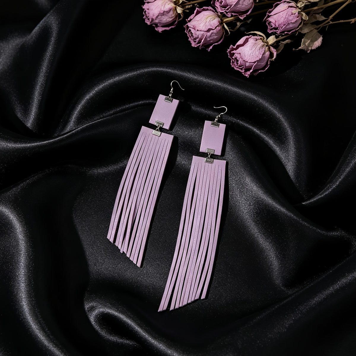 Black Rectangle Tassel Drop Earrings