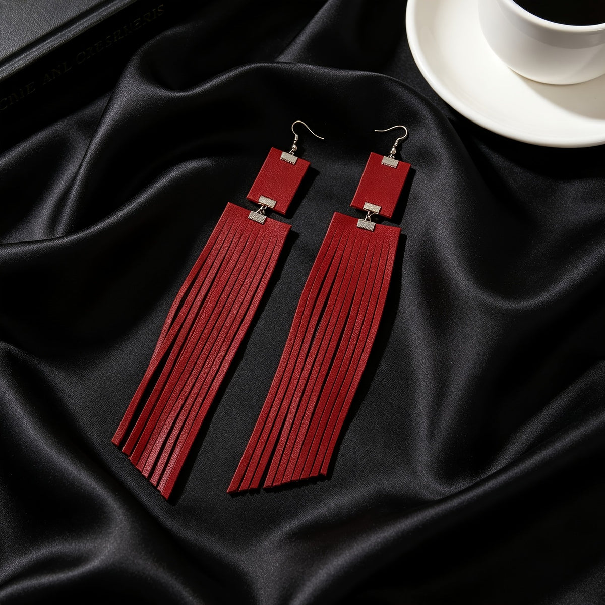 Black Rectangle Tassel Drop Earrings