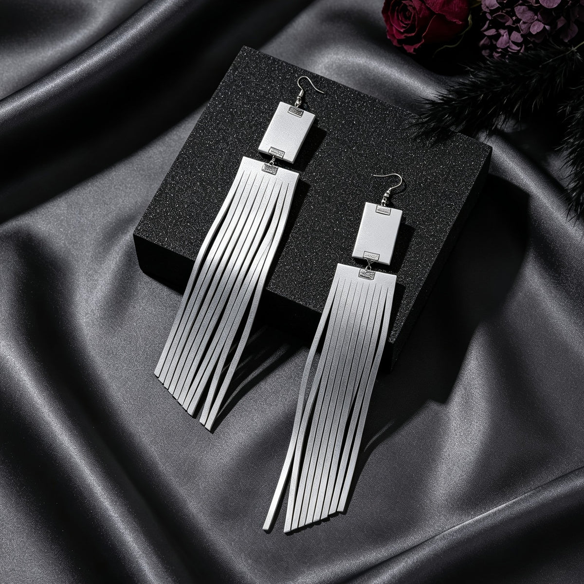 Black Rectangle Tassel Drop Earrings