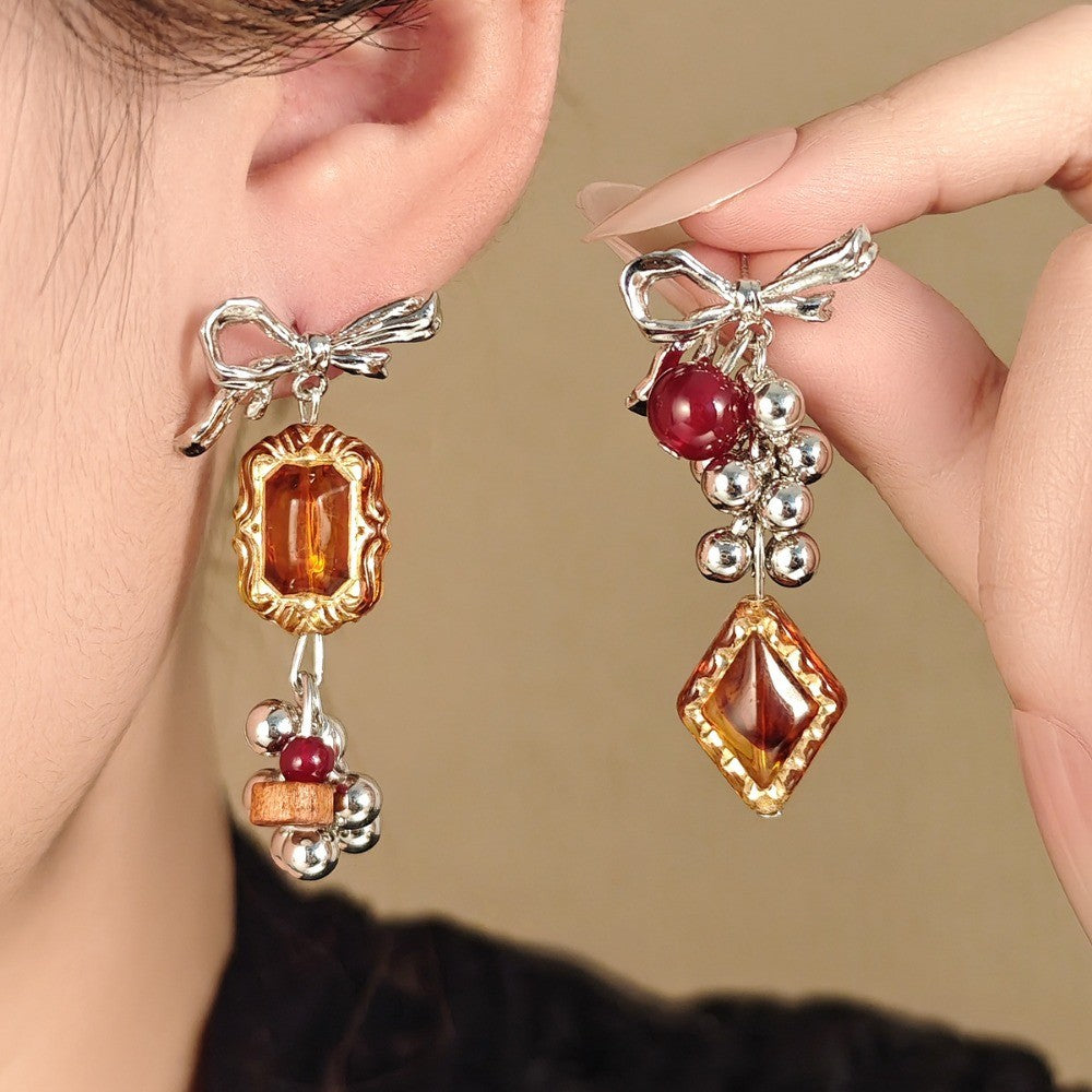 Asymmetric Bow Amber Drop Earrings