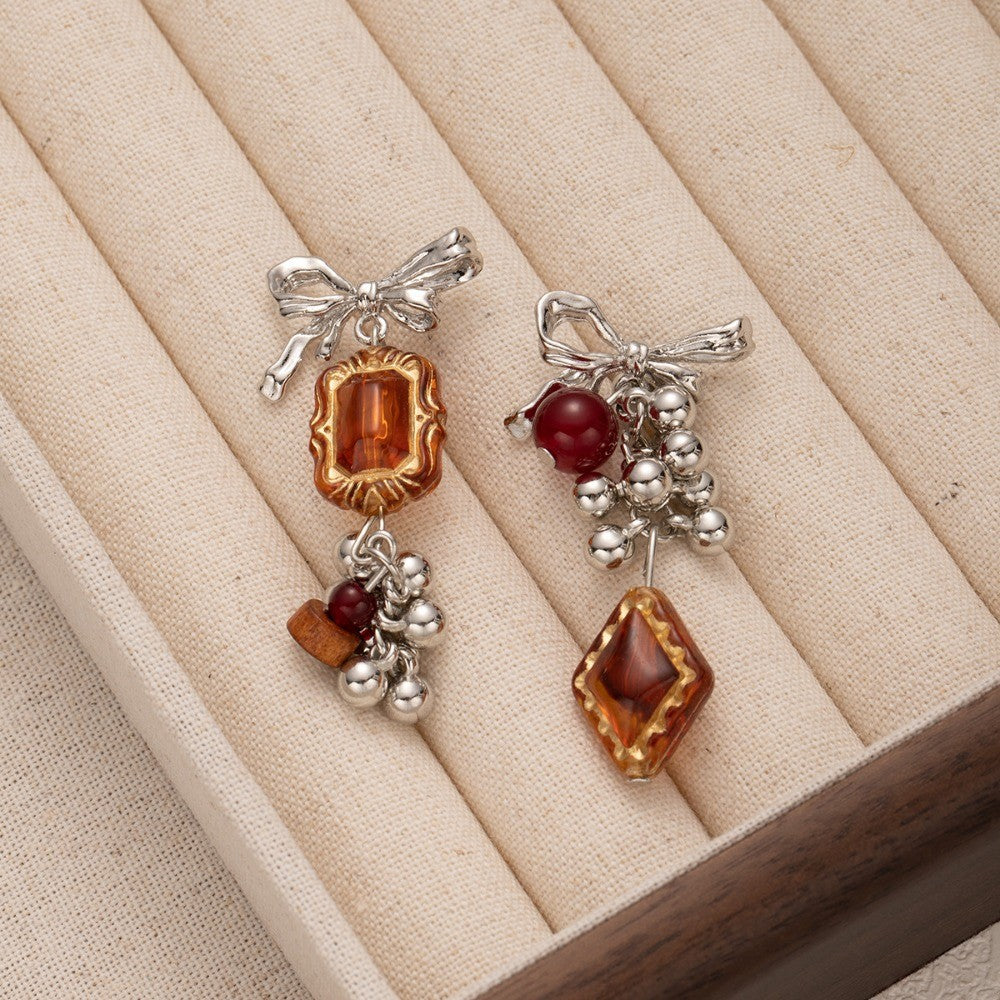 Asymmetric Bow Amber Drop Earrings