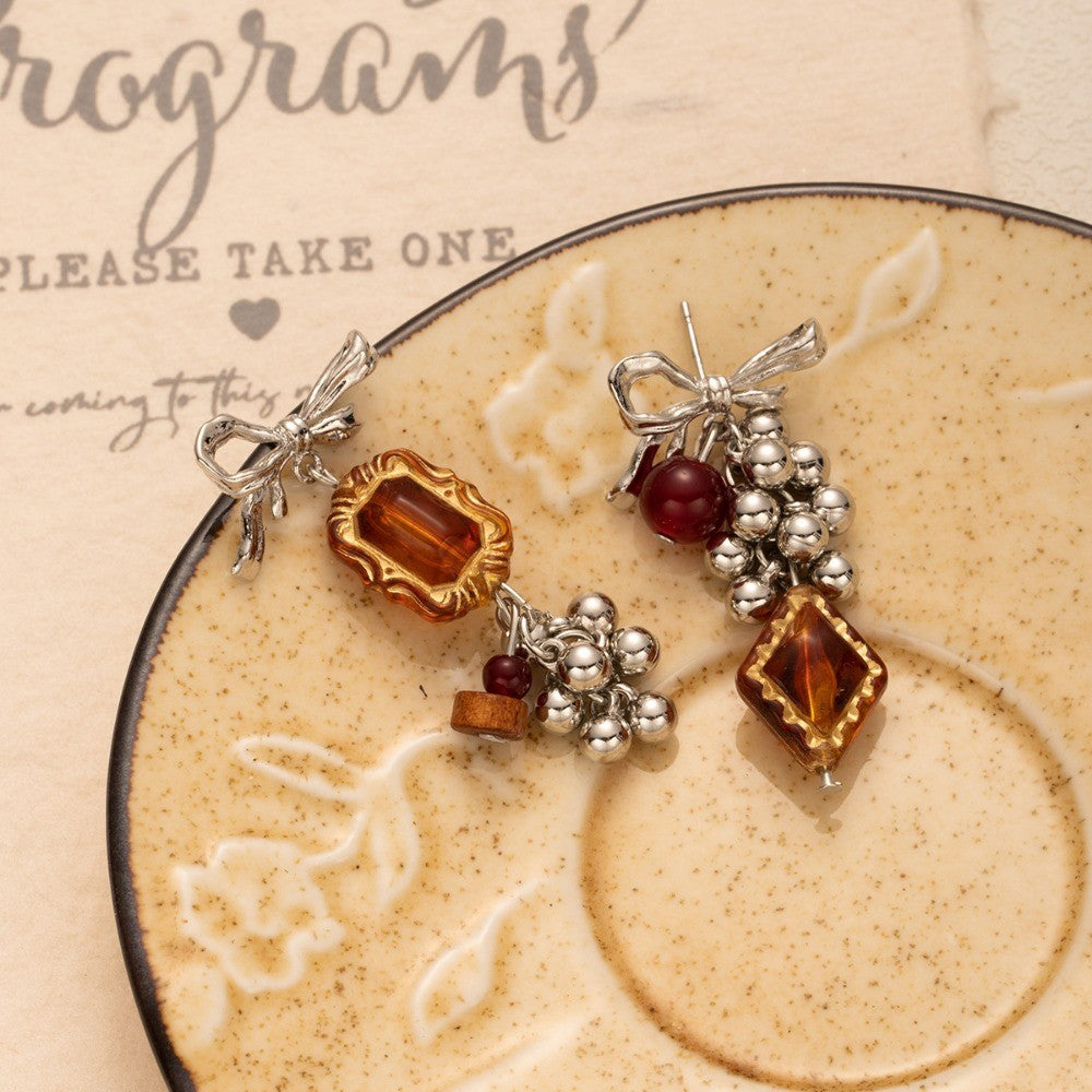 Asymmetric Bow Amber Drop Earrings