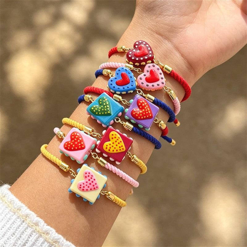 Colorful Square Heart Charm Bracelet