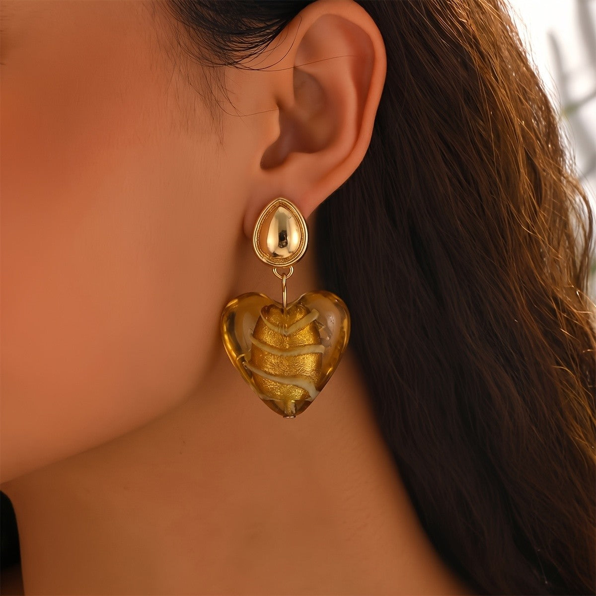 Vintage Amber Heart Drop Earrings