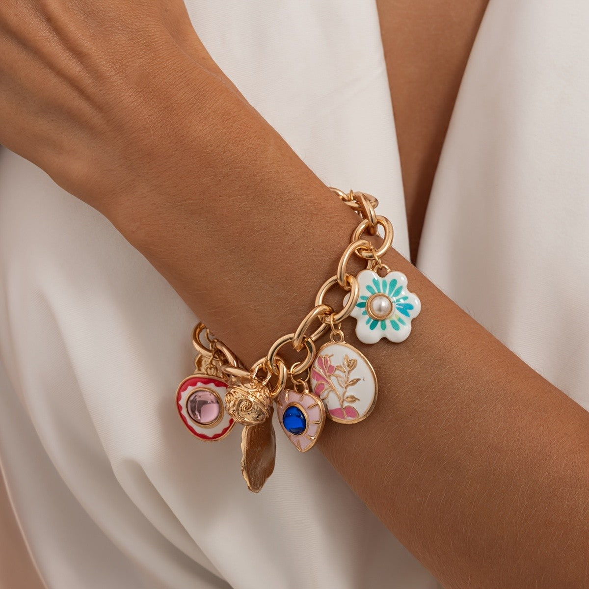 Vintage Enamel Flower Charm Bracelet
