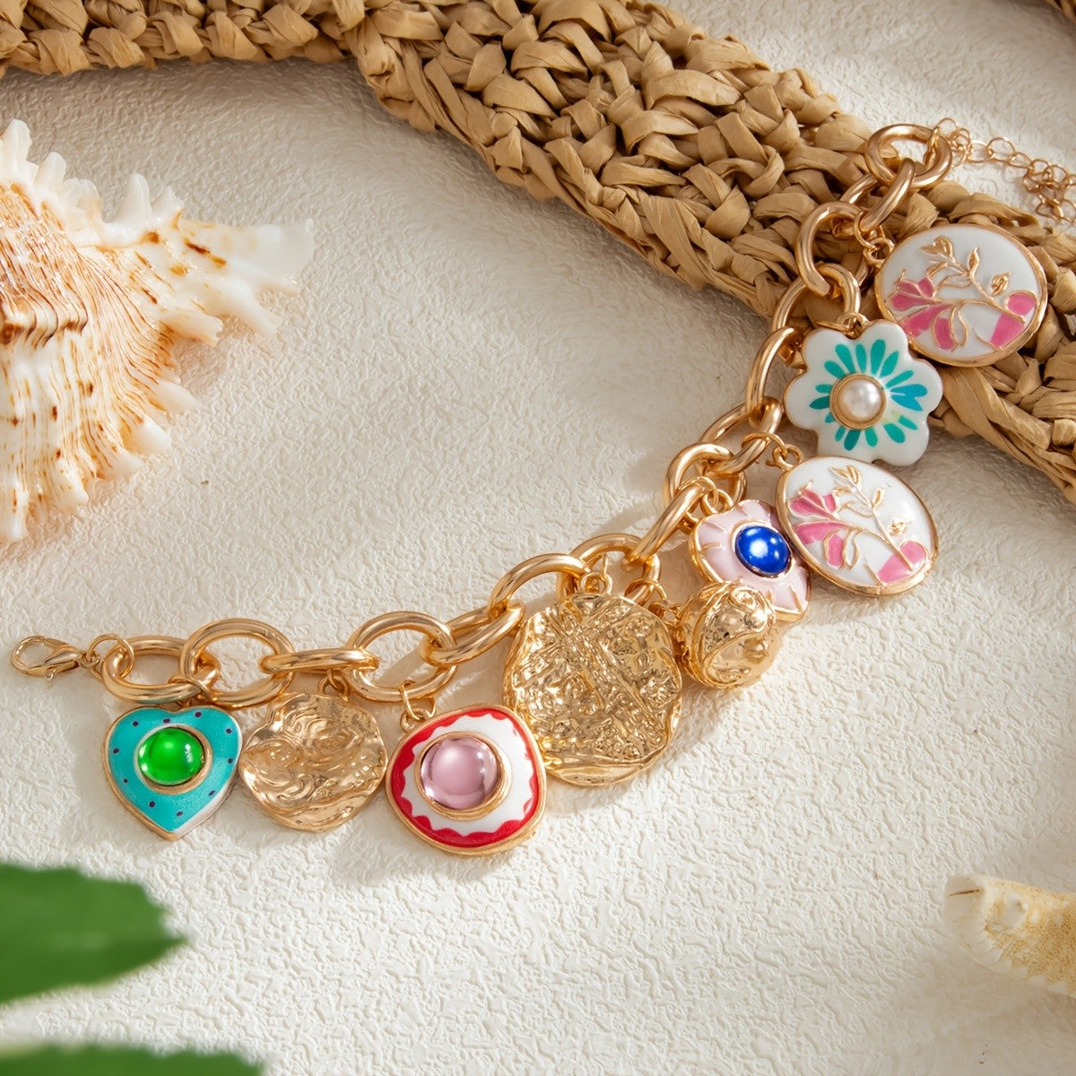 Vintage Enamel Flower Charm Bracelet