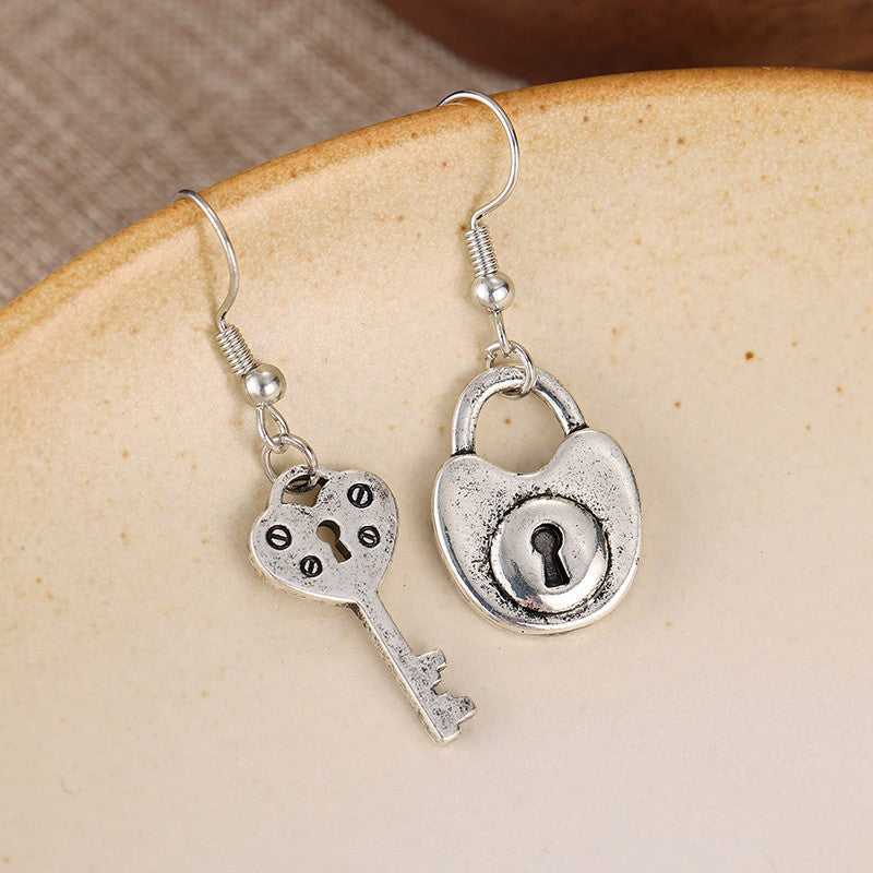 Asymmetric Vintage Lock and Key Earrings