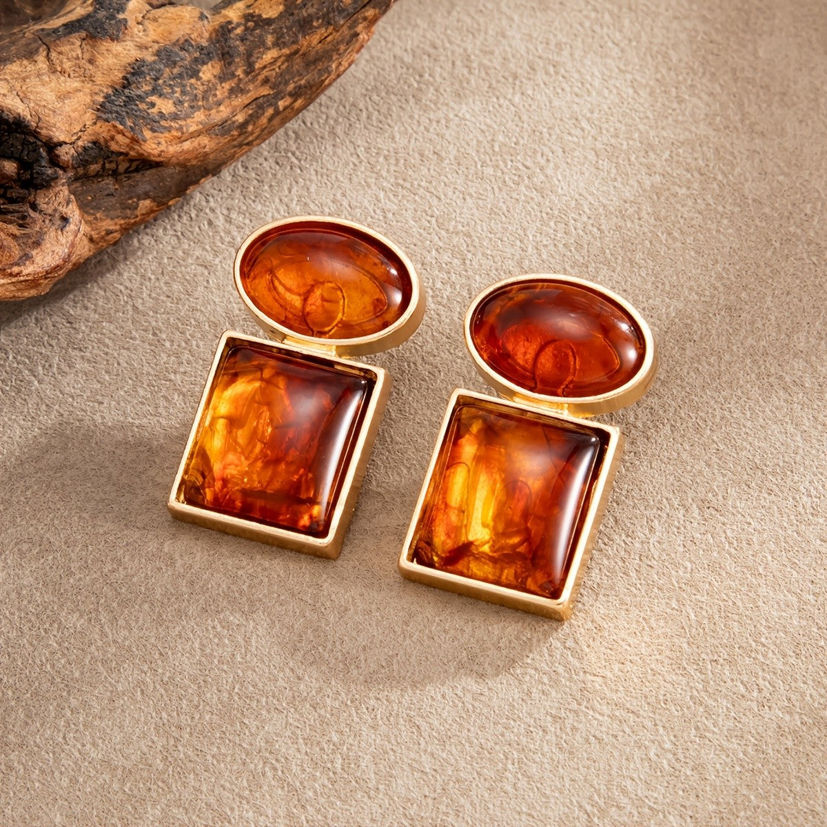 Vintage Amber Geometric Drop Earrings
