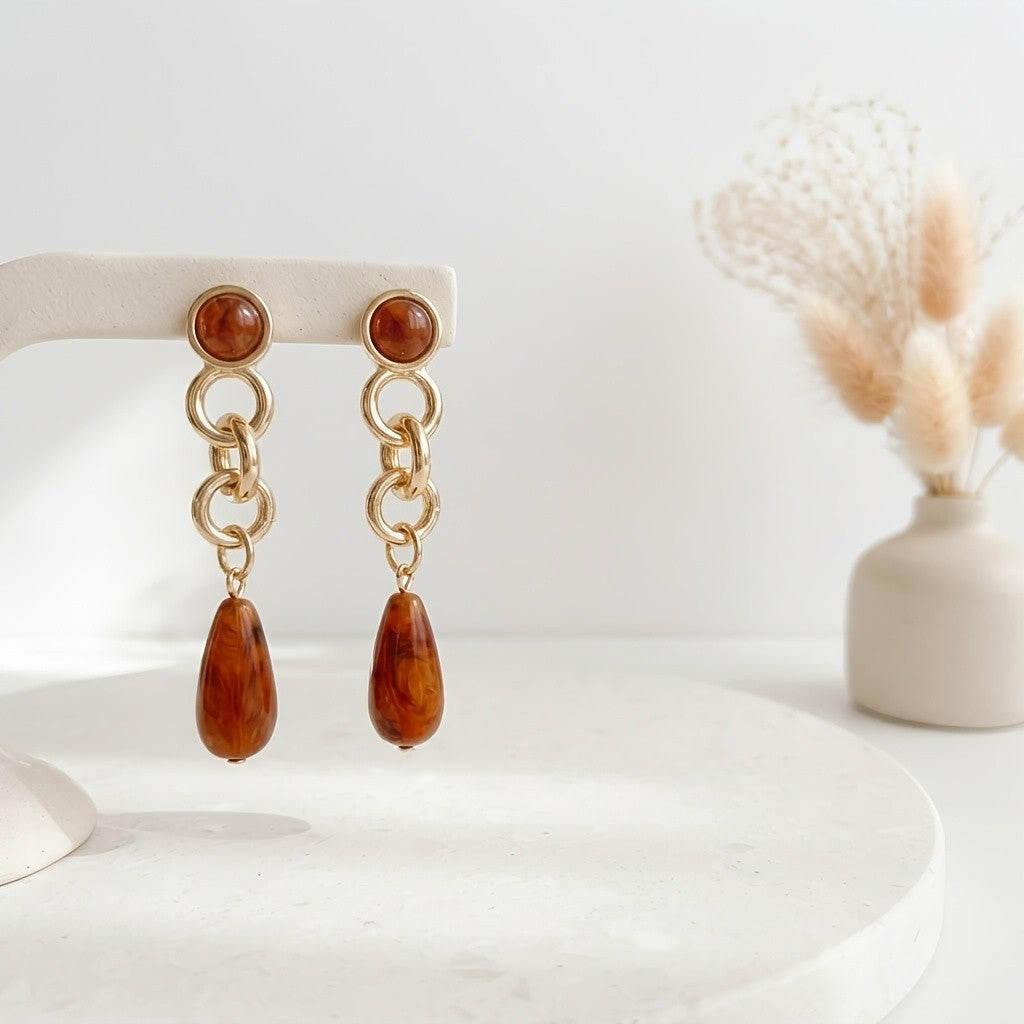 Vintage Amber Drop Chain Earrings