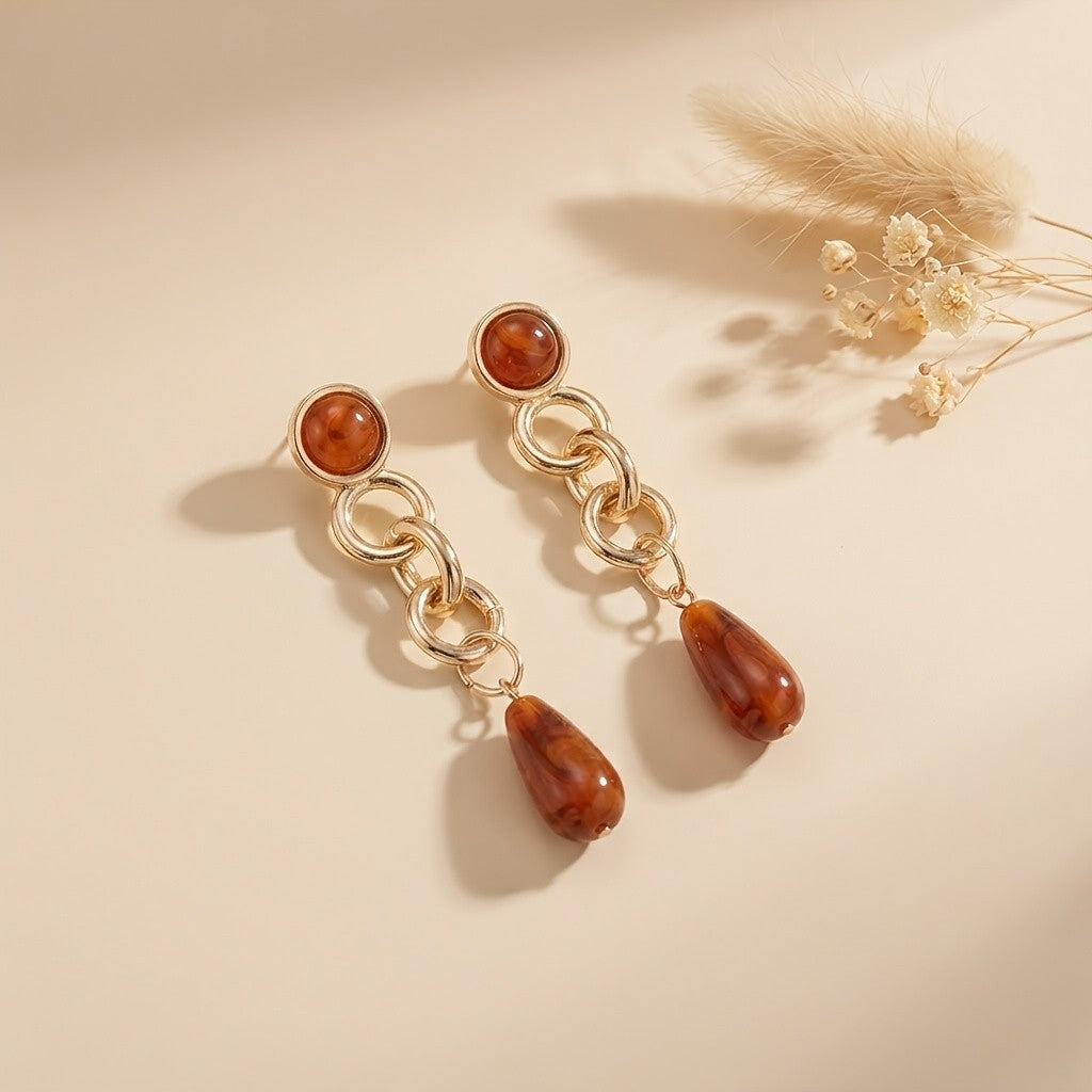Vintage Amber Drop Chain Earrings