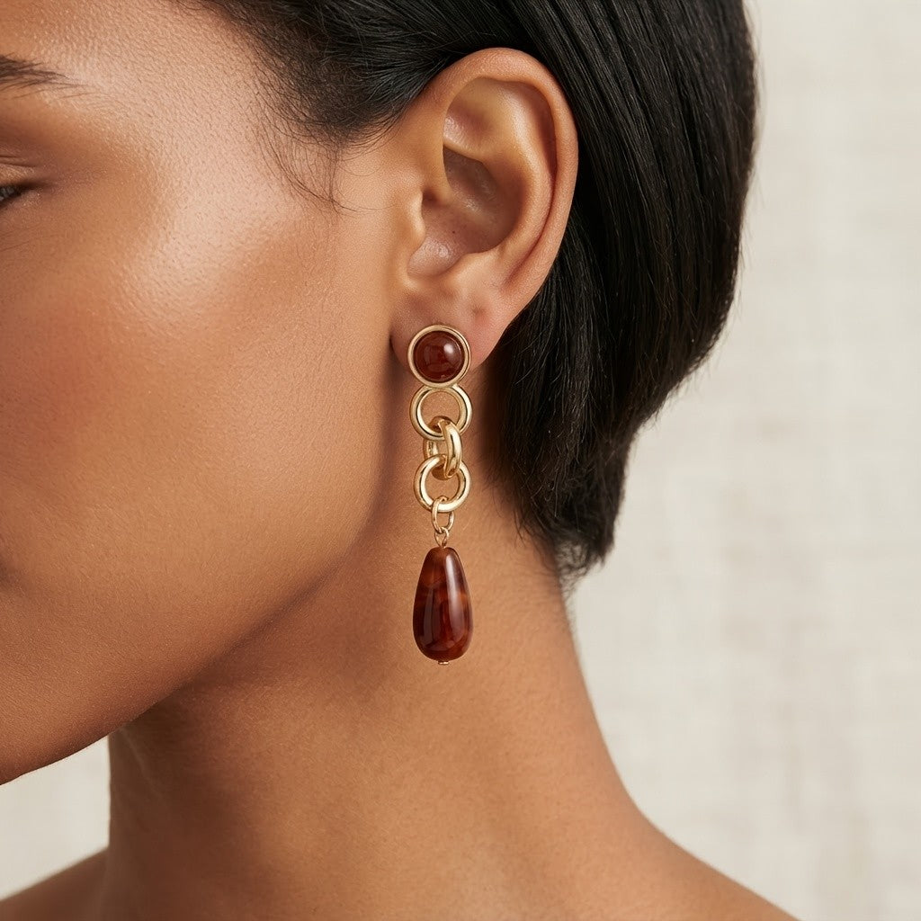 Vintage Amber Drop Chain Earrings